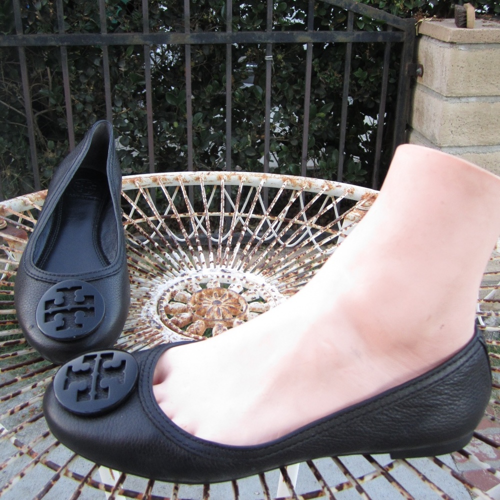TORY BURCH BLACK LEATHER 6M BALLET FLAT SHOES